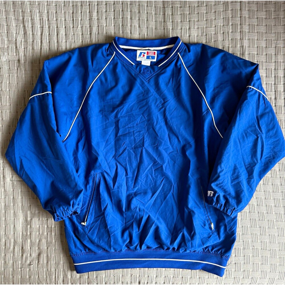 Vintage Russell Athletic Team Issue V-Neck Windbreaker Jacket Mens L Blue Blank